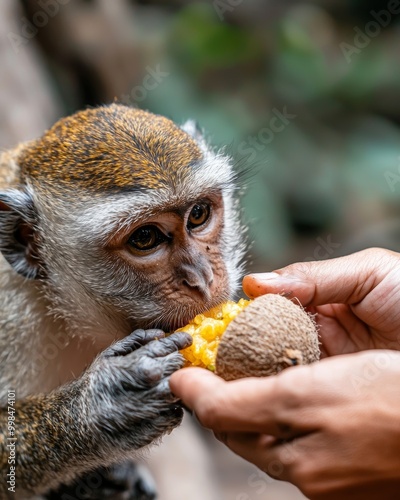 Zoo staff interacting with monkeys, feeding them fruits, lively scene, stock photo style photo