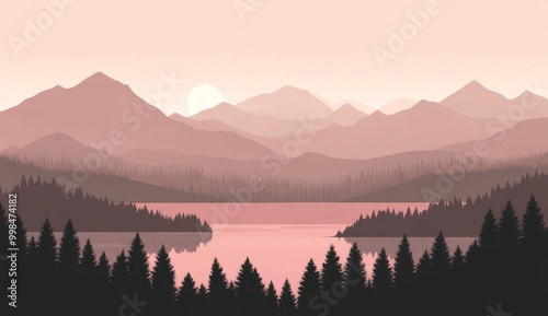 Stunning red sun on a landscape illustration. Forest, hills, and sea in background. Warm colors. Ideal for a website background or wallpaper.
