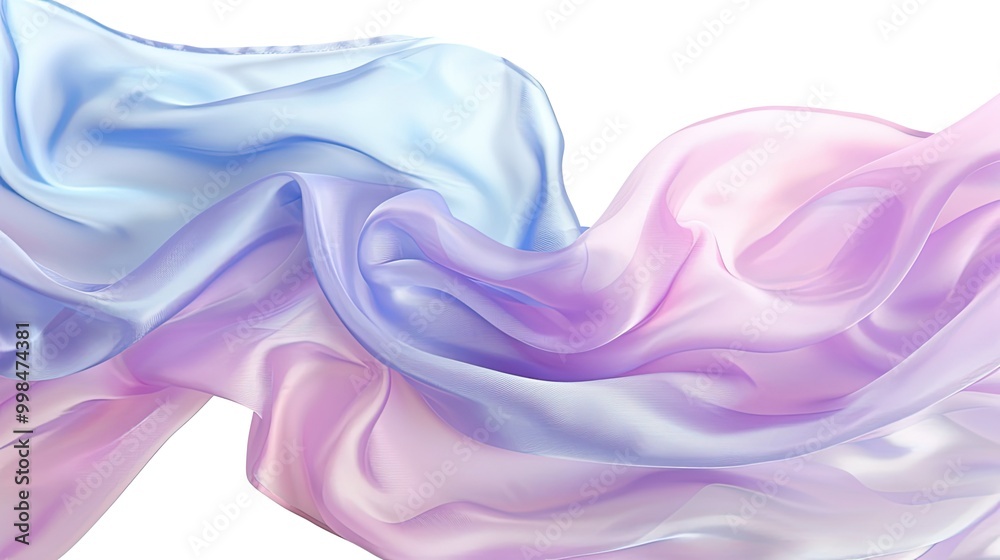 Soft smooth silky transparent fabric in blue pink and purple color, wavy satin isolated on white backgrounds Soft smooth silky transparent fabric in blue pink and purple color, wavy satin isolated on white backgrounds