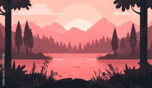 The landscape illustration is of a forest, hills, sea, and mountain range in the background with a red sun. Warm colours are used in the illustration.