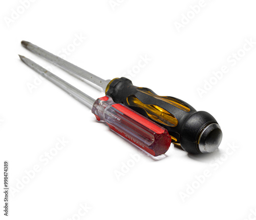 Red and Yellow Screwdrivers. Two screwdrivers with white background