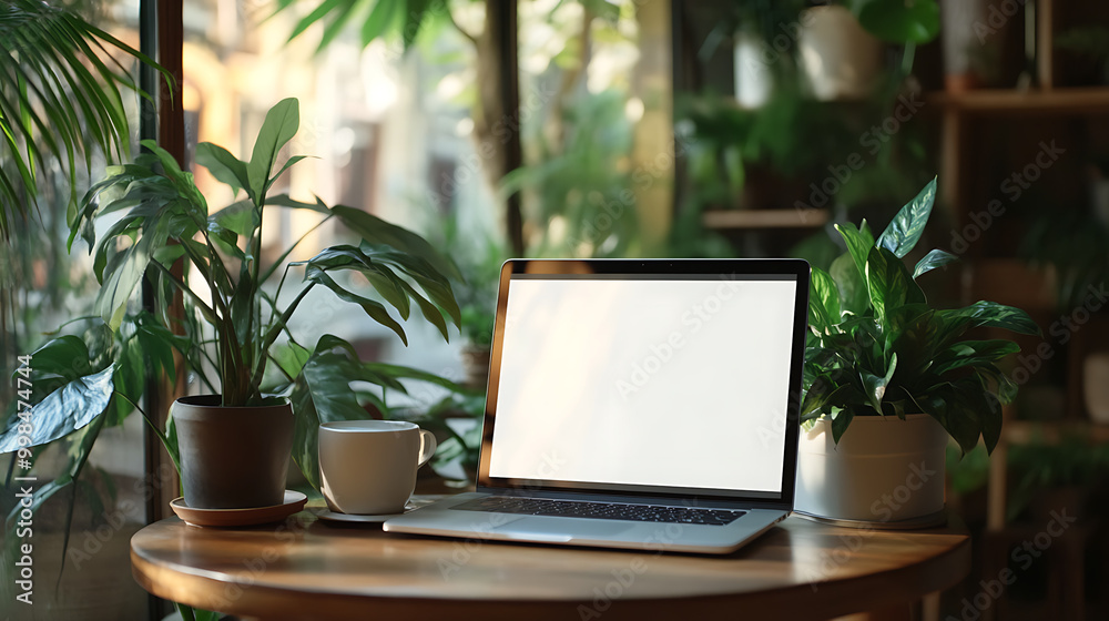Cozy workspace with laptop surrounded by lush indoor plants and a cup of coffee on a wooden table, bright natural light streaming in. Cozy workspace with laptop surrounded by lush indoor plants and a cup of coffee on a wooden table, bright natural light streaming in.