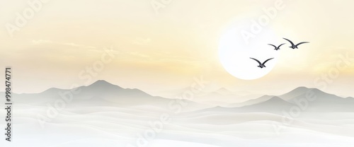 In a light watercolor style with line elements, birds pair off against the backdrop of mountains and hills in a modern banner for decoration, print, textile, poster, and interior design.