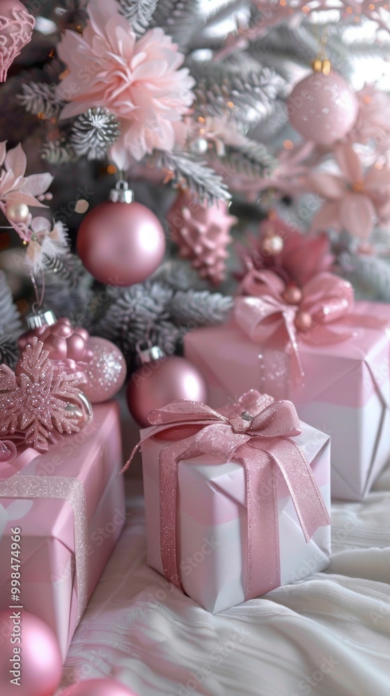 A Christmas tree with pink and white decorations A Christmas tree with pink and white decorations