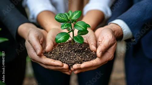 Hands hold the plant. Symbol of unification and motivation .Generative AI