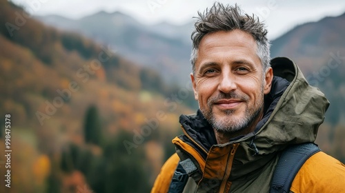 Male portrait of mature individual in scenic terrain of mountains and forests, with a happy expression in the winter months