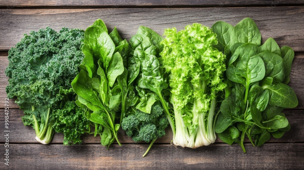 A vibrant arrangement of fresh green leafy vegetables, including spinach, kale, and lettuce, beautifully displayed on a wooden table, highlighting their nutritional value and freshness. A vibrant arrangement of fresh green leafy vegetables, including spinach, kale, and lettuce, beautifully displayed on a wooden table, highlighting their nutritional value and freshness.