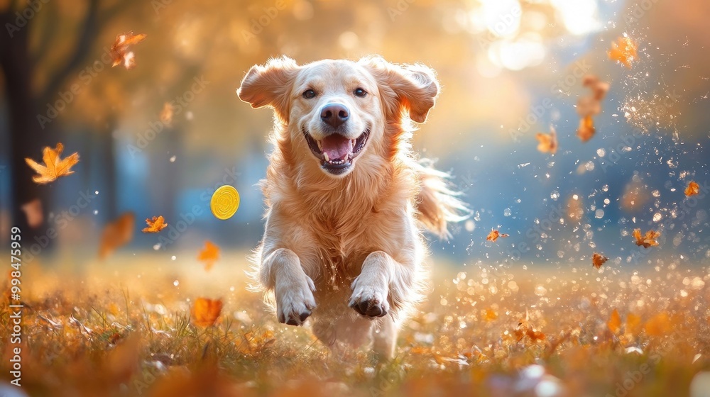 Golden retriever running through a field with a frisbee, outdoor pet activity product Golden retriever running through a field with a frisbee, outdoor pet activity product