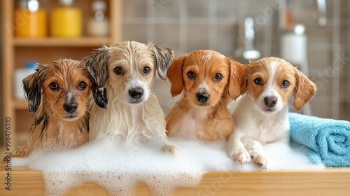 Group of puppies enjoying a spa bath, luxury pet grooming service