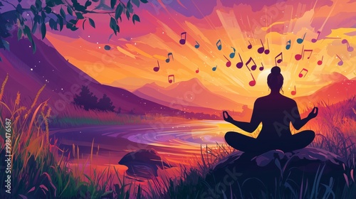 Serene Handpan Player at Sunset in a Vibrant Landscape