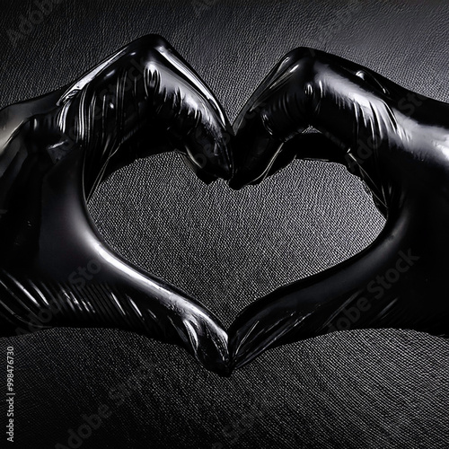 Glossy shiny black kinky latex pvc , full length long gloves, woman's hands forming a heart shape on a dark background, luxury high end, elegant, erotic romance, and fetish, bondage, bdsm, kink theme photo