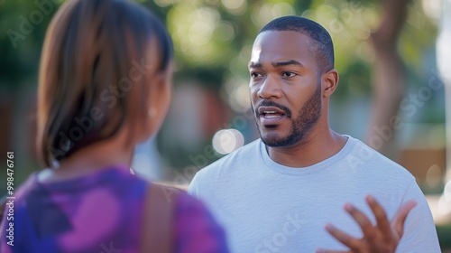 African american man expressing concern to woman in outdoor image. Black guy hand gesturing photography scene wallpaper. Couple interpersonal communication concept photorealistic photo