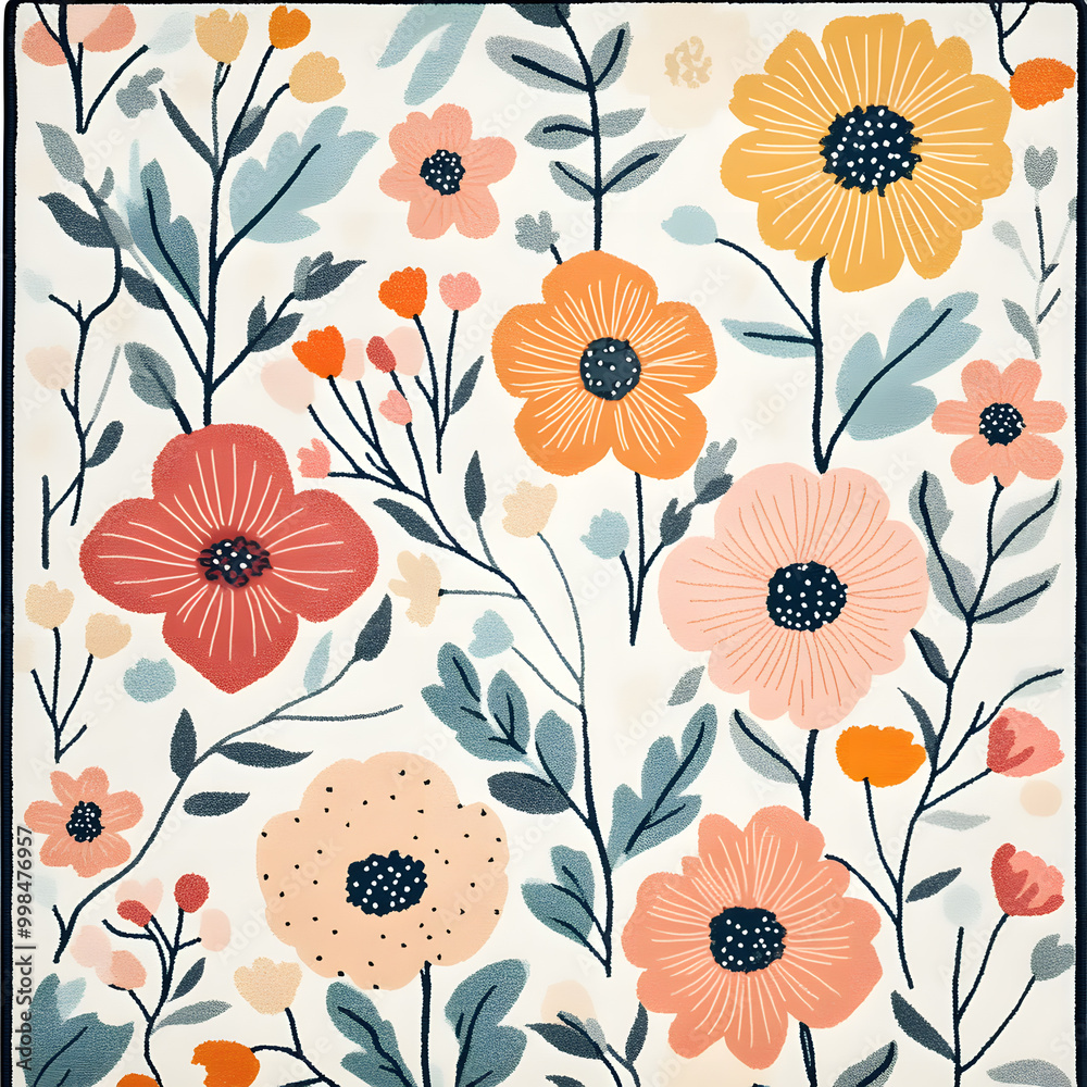 Hand-drawn 2D Doodle Tile and Carpet Patterns with White Borders – Geometric, Floral, and Abstract Designs