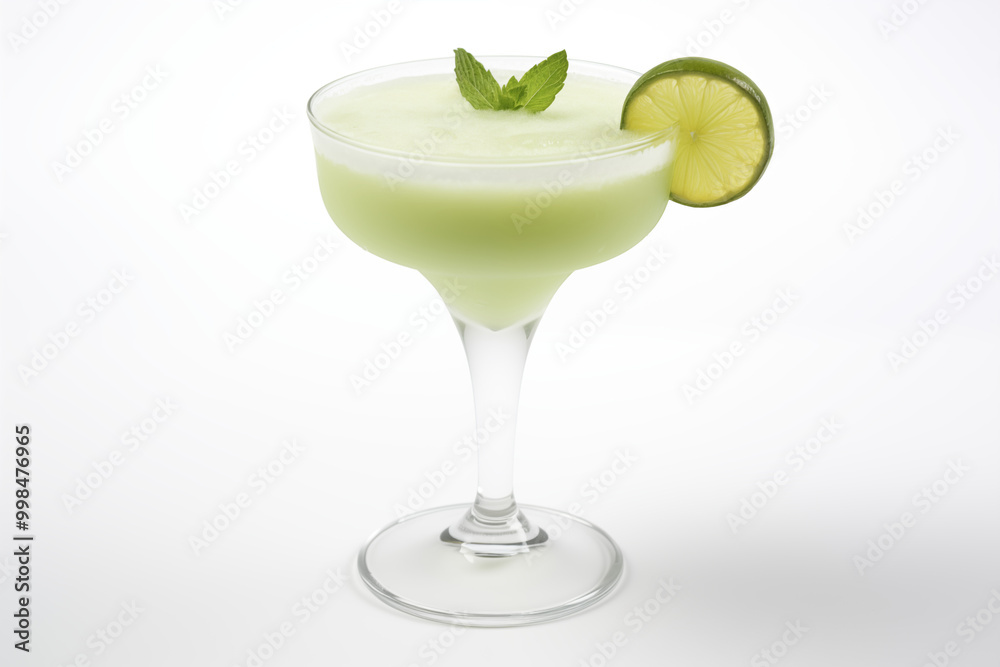 A crisp, refreshing mint margarita served in a frosted glass with a salt rim, garnished with fresh mint leaves and a lime wedge. The glass casts a soft shadow on a pure white background,green drink A crisp, refreshing mint margarita served in a frosted glass with a salt rim, garnished with fresh mint leaves and a lime wedge. The glass casts a soft shadow on a pure white background,green drink