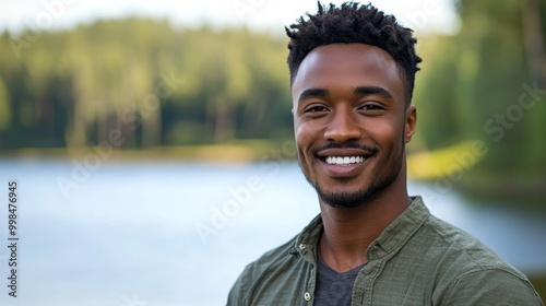 Portrait of a content man in his 30s in the middle of nature