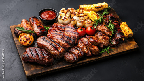 A variety of grilled meats and vegetables served on a large wooden board, perfect for sharing, grilled meat platter, barbecue feast 