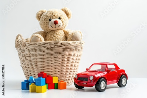 toy car and toy on white background