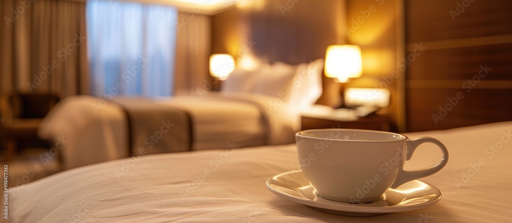 Focus On White Cup Elegant And Comfortable Home Hotel Bedroom Interior With Warm Lights Room As Background Focus On White Cup Elegant And Comfortable Home Hotel Bedroom Interior With Warm Lights Room As Background