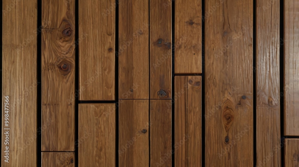 Naklejka premium Wall made of wood. Wooden panels made from slats. Texture of vertical timber lines. Modern interior design from planks