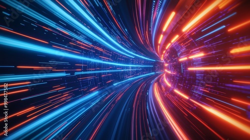 A high-tech abstract background with digital enhancements and bright light trails.