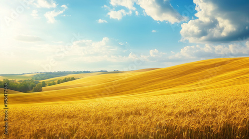 Rolling Countryside Fields Under Bright Blue Sky