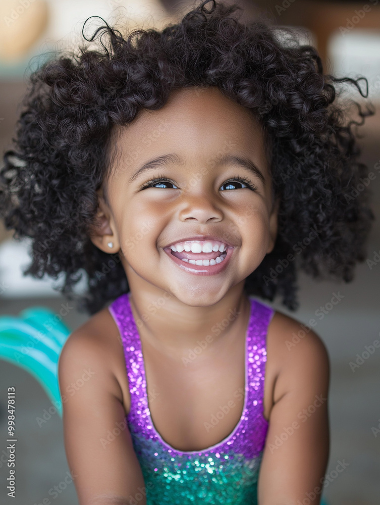 Joyful little girl with curly hair wearing a sparkly swimsuit, smiling indoors Joyful little girl with curly hair wearing a sparkly swimsuit, smiling indoors