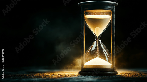 Illuminated hourglass with flowing sand against dark dramatic background