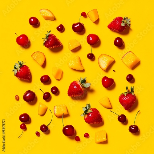 A yellow background with strawberries cherries and mangoes arranged in a circle