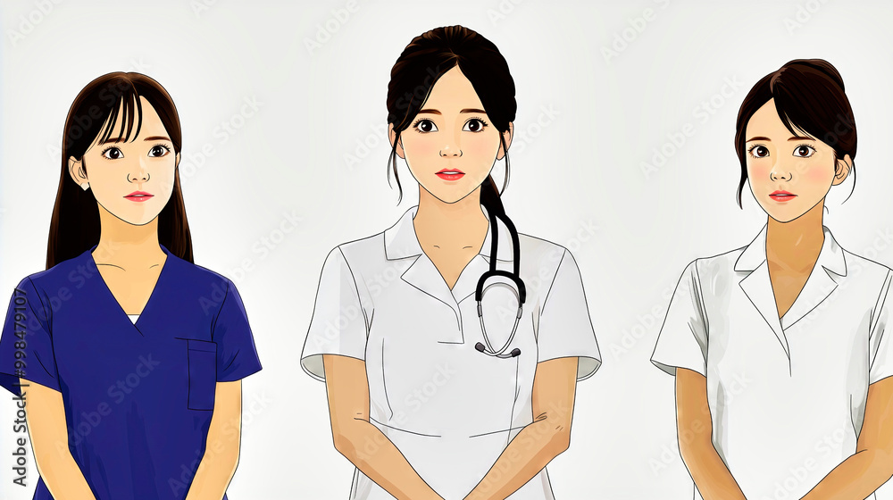 Three young female doctors or nurses wearing scrubs posing for an illustration Three young female doctors or nurses wearing scrubs posing for an illustration