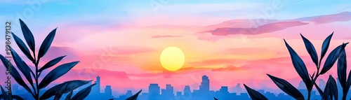 A serene watercolor sunrise over a city on January 1st, 2025, symbolizing hope and new beginnings, [tranquil new year], [fresh start] photo