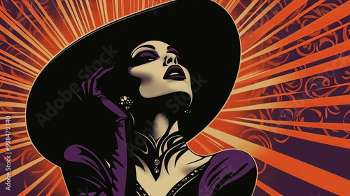 A wicked witch in purple black dress and black witch hat.