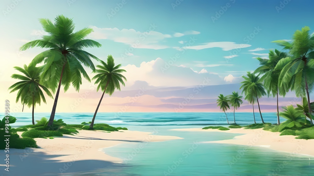 tropical beach background in a minimalist and modern style, featuring coconut trees, white sand and calm waves, using a blue and green color palette with sunset light tropical beach background in a minimalist and modern style, featuring coconut trees, white sand and calm waves, using a blue and green color palette with sunset light
