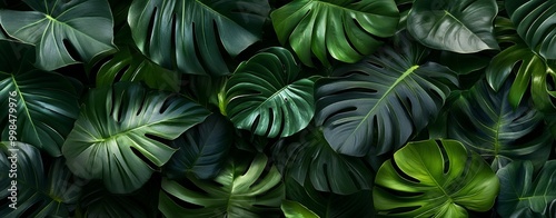 A closeup of a monstera leaf on a flat lay background. A fresh wallpaper banner concept.