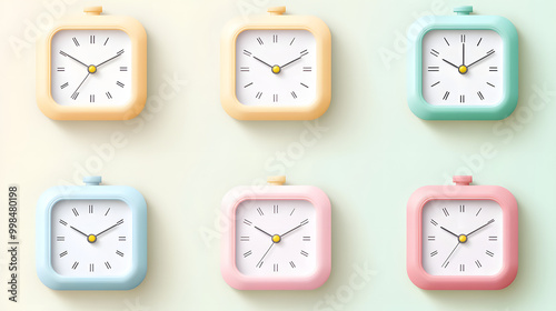 Simple pastel clock set of icons with rounded edges and soft colors placed on a clean background