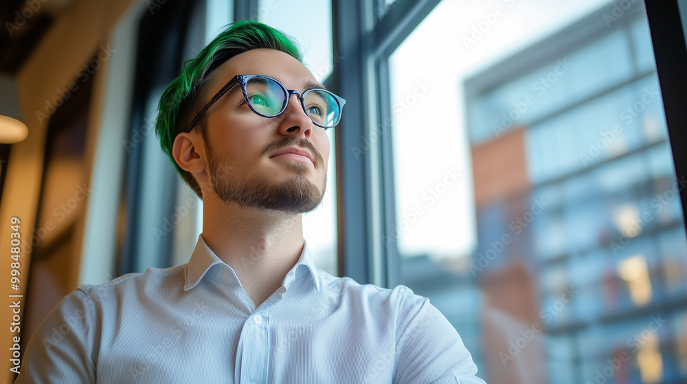 Inclusive and Candid Portrait of a Successful Gay Businessman with Green Hair Looking Out of Office Window, Symbolizing Diversity and Inclusion in the Workplace Inclusive and Candid Portrait of a Successful Gay Businessman with Green Hair Looking Out of Office Window, Symbolizing Diversity and Inclusion in the Workplace