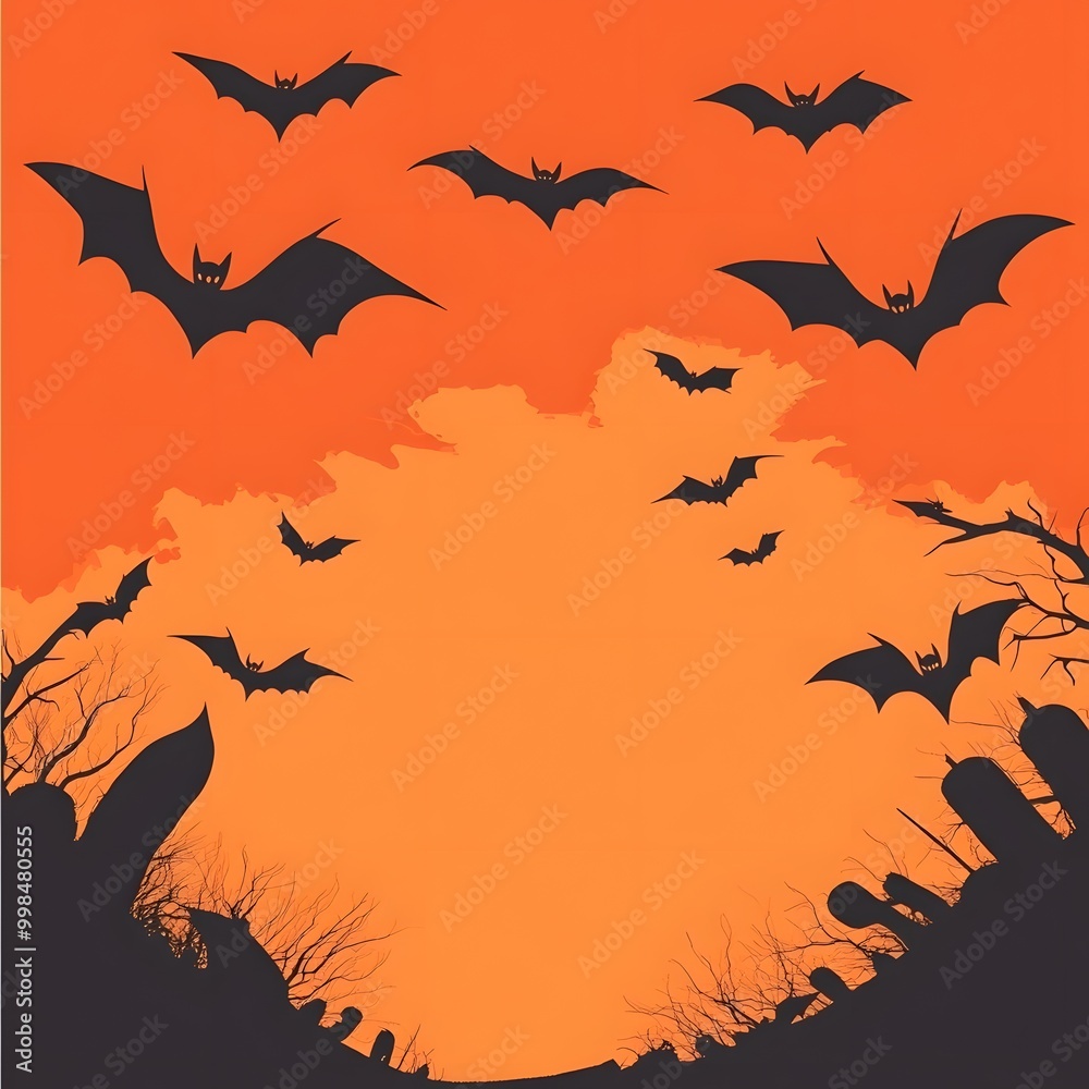Halloween background with bats flying in the orange sky above a spooky landscape Halloween background with bats flying in the orange sky above a spooky landscape