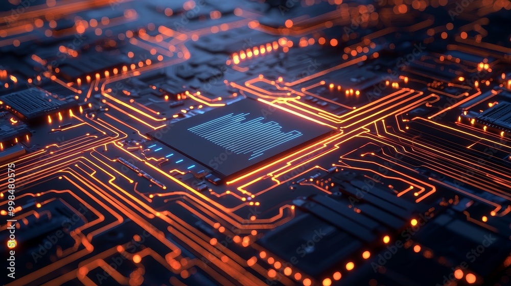 Obraz premium A detailed close-up of an electronic circuit board showcasing intricate patterns and glowing components in a high-tech environment.