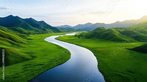 Mountain river landscape with flowing water and lush greenery