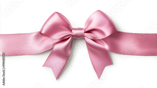 
Pink satin ribbon bow isolated on white, top view.