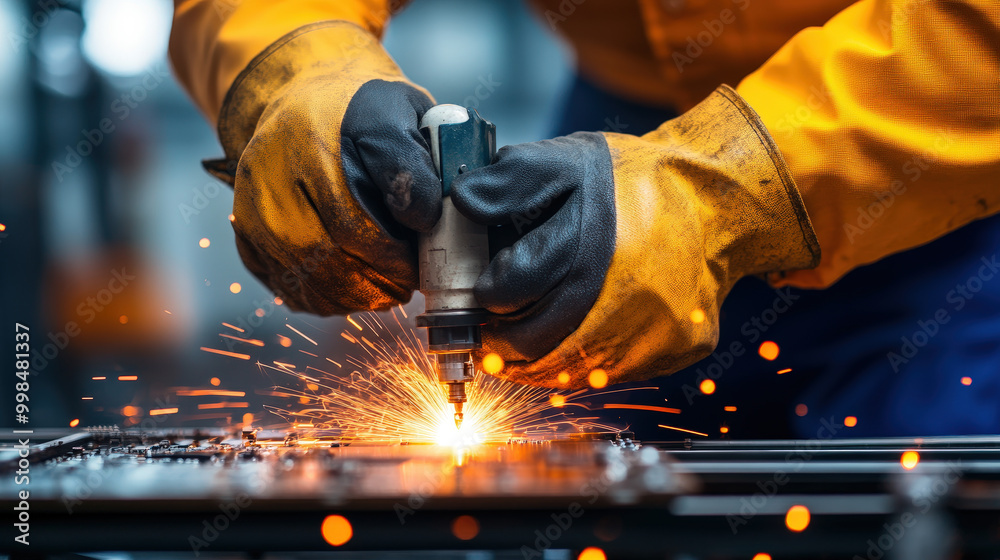 Focused welder in protective gear sparks steel during industrial construction Focused welder in protective gear sparks steel during industrial construction