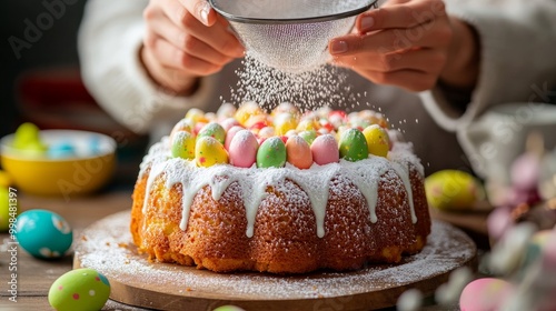Easter cake is sprinkled with icing sugar by female hands using a sieve. Unidentified woman baking sweet bread or traditional Easter cake with topping. Easter sweets.
