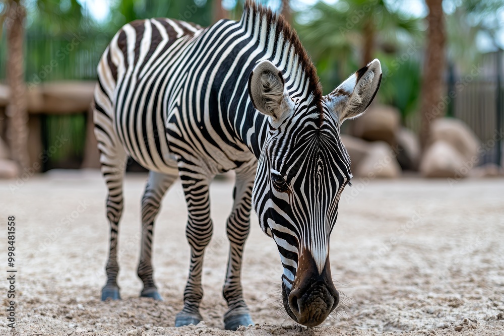 Close-up of a zebra grazing in the zoo, striped coat glowing in the sunlight, stock photo style Close-up of a zebra grazing in the zoo, striped coat glowing in the sunlight, stock photo style