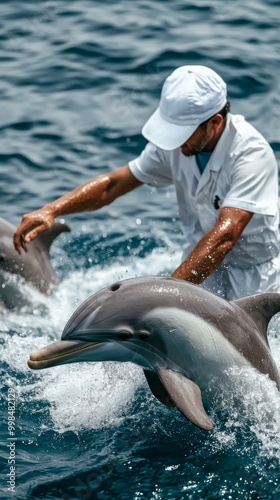 Zoo keeper training dolphins for a show, dolphins leaping out of the water, stock photo style