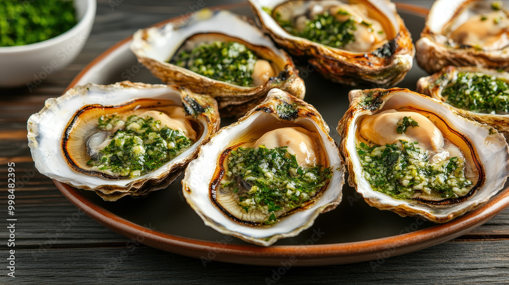 A platter of grilled oysters served with a garlic and herb butter sauce A platter of grilled oysters served with a garlic and herb butter sauce