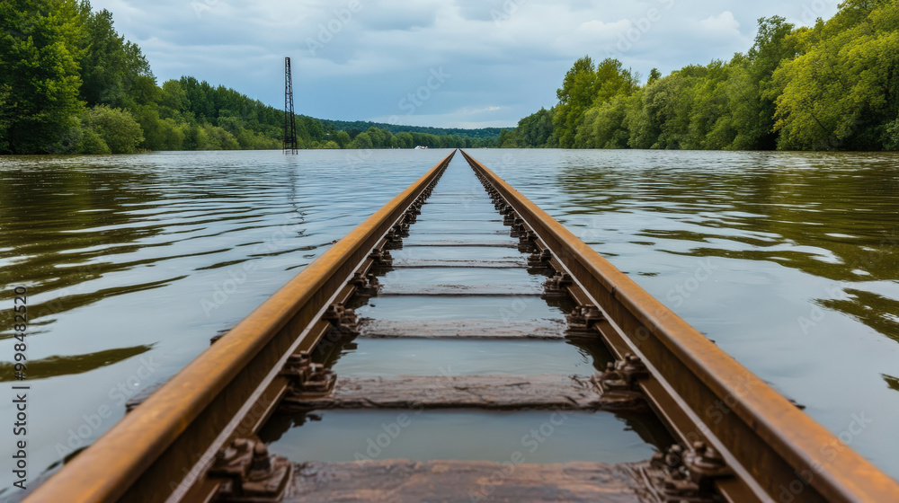 Obraz premium A railway track completely submerged by floodwater, only the tops of the rails visible, symbolizing disrupted infrastructure,