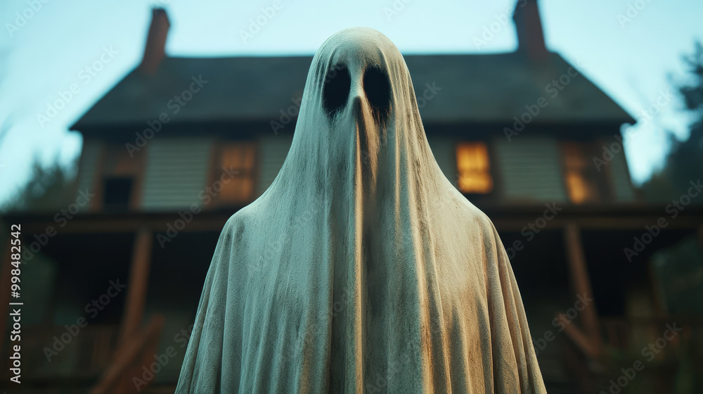 Detailed, ultra-realistic shot of a ghost haunting an old mansion, capturing a chilling and authentic scene. 