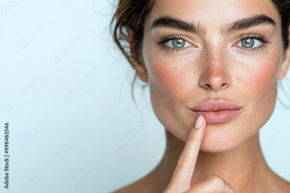 a beautiful woman, doing expression with finger on lips as a kiss me message a beautiful woman, doing expression with finger on lips as a kiss me message