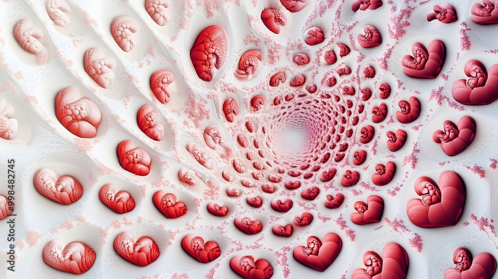 Fototapeta premium Spiral, Fractal, Snail, Heart, Geometric Shapes, Red and White, Abstract Image, Texture, Pattern Background, Wallpaper, Cover and Screen for Smartphone, PC, Laptop, 9:16 and 16:9 Format