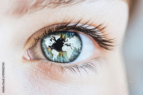 woman's eye with world map reflection in iris