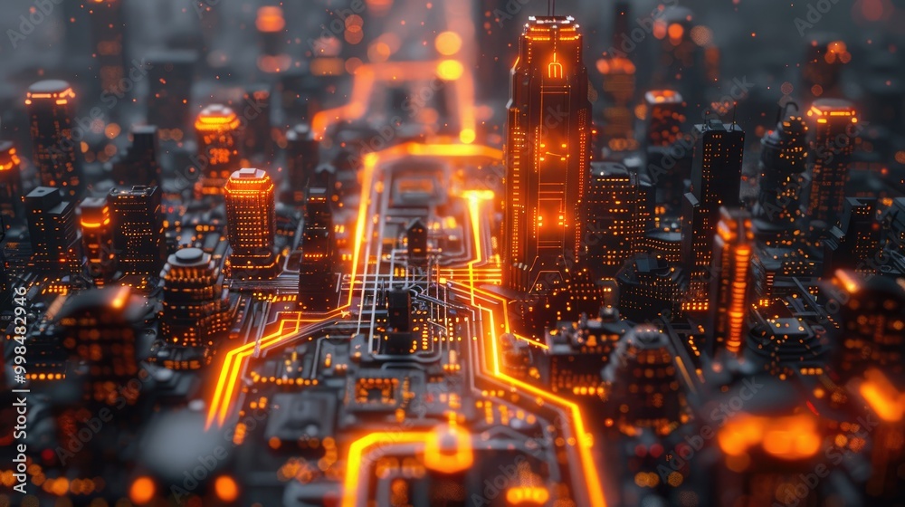 Fototapeta premium Cyber city, digital technology and Information Security. Big data concept in 3D illustration